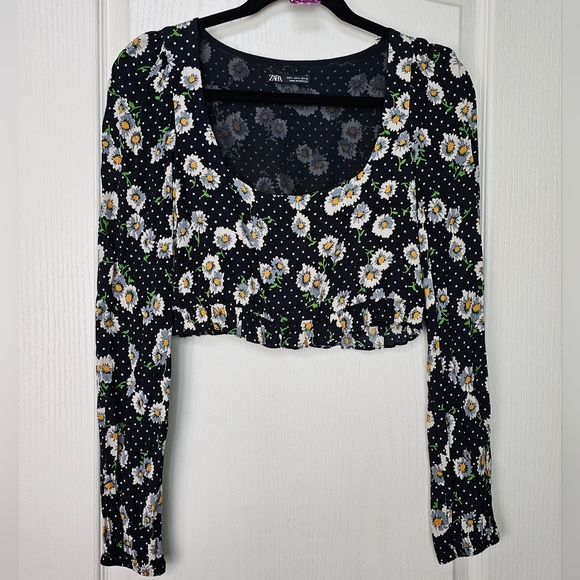 Zara Women's Black Floral Daisy Print Long Sleeve Square Neck Crop Top, SMALL - Picture 6 of 8